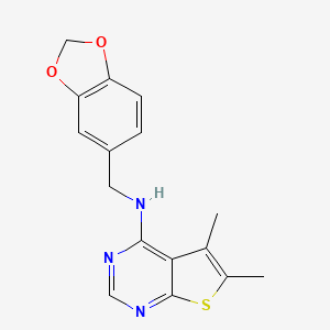 molecular formula C16H15N3O2S B2897249 N-(1,3-benzodioxol-5-ylmethyl)-5,6-dimethylthieno[2,3-d]pyrimidin-4-amine 
