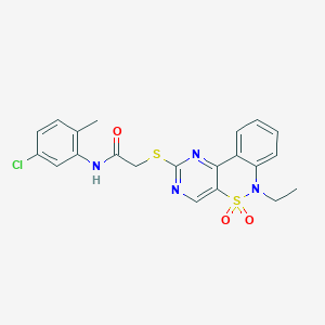 molecular formula C21H19ClN4O3S2 B2897676 N-(5-chloro-2-methylphenyl)-2-({9-ethyl-8,8-dioxo-8lambda6-thia-3,5,9-triazatricyclo[8.4.0.0^{2,7}]tetradeca-1(14),2(7),3,5,10,12-hexaen-4-yl}sulfanyl)acetamide CAS No. 951578-22-6