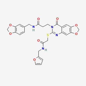 molecular formula C27H24N4O8S B2897874 N-[(2H-1,3-benzodioxol-5-yl)methyl]-3-{6-[({[(furan-2-yl)methyl]carbamoyl}methyl)sulfanyl]-8-oxo-2H,7H,8H-[1,3]dioxolo[4,5-g]quinazolin-7-yl}propanamide CAS No. 896705-80-9