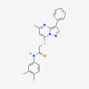 molecular formula C23H22N4OS B2897877 N-(3,4-DIMETHYLPHENYL)-2-({5-METHYL-3-PHENYLPYRAZOLO[1,5-A]PYRIMIDIN-7-YL}SULFANYL)ACETAMIDE CAS No. 877782-00-8