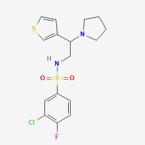 molecular formula C16H18ClFN2O2S2 B2897885 3-chloro-4-fluoro-N-(2-(pyrrolidin-1-yl)-2-(thiophen-3-yl)ethyl)benzenesulfonamide CAS No. 955237-68-0