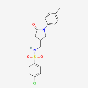 molecular formula C18H19ClN2O3S B2897898 4-chloro-N-((5-oxo-1-(p-tolyl)pyrrolidin-3-yl)methyl)benzenesulfonamide CAS No. 954634-22-1
