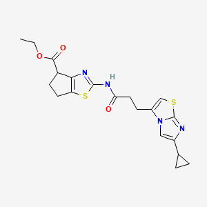 molecular formula C20H22N4O3S2 B2897937 ethyl 2-(3-(6-cyclopropylimidazo[2,1-b]thiazol-3-yl)propanamido)-5,6-dihydro-4H-cyclopenta[d]thiazole-4-carboxylate CAS No. 1257551-25-9