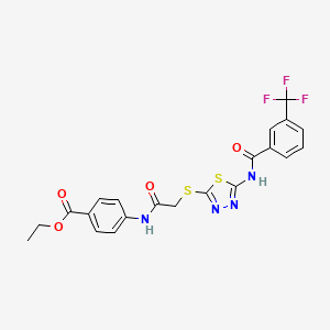 molecular formula C21H17F3N4O4S2 B2897962 Ethyl 4-(2-((5-(3-(trifluoromethyl)benzamido)-1,3,4-thiadiazol-2-yl)thio)acetamido)benzoate CAS No. 392293-25-3