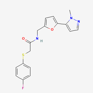 2-(4-Fluorophenyl)sulfanyl-N-[[5-(2-methylpyrazol-3-yl)furan-2-yl]methyl]acetamide
