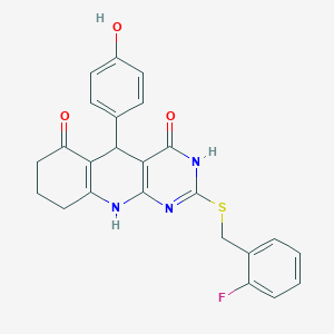 2-((2-fluorobenzyl)thio)-5-(4-hydroxyphenyl)-7,8,9,10-tetrahydropyrimido[4,5-b]quinoline-4,6(3H,5H)-dione