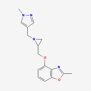 molecular formula C16H18N4O2 B2898419 2-Methyl-4-[[1-[(1-methylpyrazol-4-yl)methyl]aziridin-2-yl]methoxy]-1,3-benzoxazole CAS No. 2411299-44-8