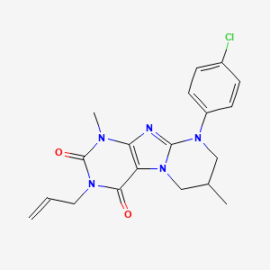 molecular formula C19H20ClN5O2 B2898528 3-allyl-9-(4-chlorophenyl)-1,7-dimethyl-6,7,8,9-tetrahydropyrimido[2,1-f]purine-2,4(1H,3H)-dione CAS No. 876151-63-2