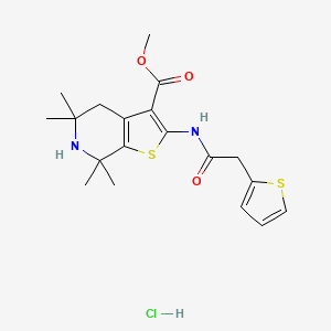 molecular formula C19H25ClN2O3S2 B2898682 Methyl 5,5,7,7-tetramethyl-2-(2-(thiophen-2-yl)acetamido)-4,5,6,7-tetrahydrothieno[2,3-c]pyridine-3-carboxylate hydrochloride CAS No. 1329890-90-5