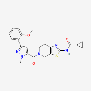 molecular formula C22H23N5O3S B2898698 N-(5-(3-(2-methoxyphenyl)-1-methyl-1H-pyrazole-5-carbonyl)-4,5,6,7-tetrahydrothiazolo[5,4-c]pyridin-2-yl)cyclopropanecarboxamide CAS No. 1798540-35-8