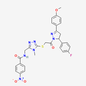 molecular formula C29H26FN7O5S B2898755 N-((5-((2-(5-(4-fluorophenyl)-3-(4-methoxyphenyl)-4,5-dihydro-1H-pyrazol-1-yl)-2-oxoethyl)thio)-4-methyl-4H-1,2,4-triazol-3-yl)methyl)-4-nitrobenzamide CAS No. 393583-15-8