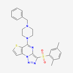 molecular formula C26H26N6O2S2 B2898846 7-(4-benzylpiperazin-1-yl)-10-(2,5-dimethylphenyl)sulfonyl-5-thia-1,8,11,12-tetrazatricyclo[7.3.0.02,6]dodeca-2(6),3,7,9,11-pentaene CAS No. 931710-09-7