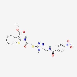 molecular formula C25H28N6O6S2 B2899148 ethyl 2-(2-((4-methyl-5-((4-nitrobenzamido)methyl)-4H-1,2,4-triazol-3-yl)thio)acetamido)-5,6,7,8-tetrahydro-4H-cyclohepta[b]thiophene-3-carboxylate CAS No. 393848-44-7