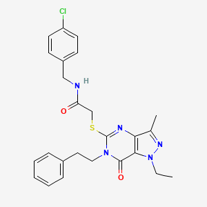 molecular formula C25H26ClN5O2S B2899197 N-[(4-chlorophenyl)methyl]-2-{[1-ethyl-3-methyl-7-oxo-6-(2-phenylethyl)-1H,6H,7H-pyrazolo[4,3-d]pyrimidin-5-yl]sulfanyl}acetamide CAS No. 1358947-22-4