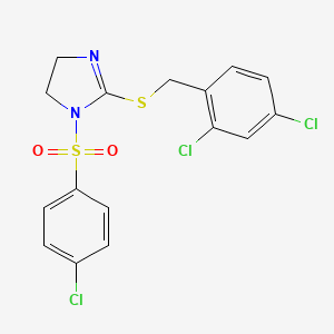 molecular formula C16H13Cl3N2O2S2 B2899242 1-(4-Chlorophenyl)sulfonyl-2-[(2,4-dichlorophenyl)methylsulfanyl]-4,5-dihydroimidazole CAS No. 868219-10-7