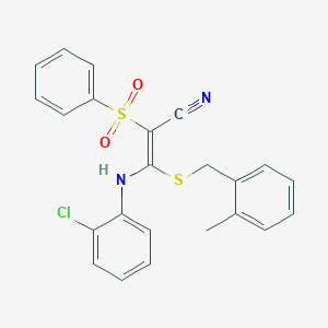 molecular formula C23H19ClN2O2S2 B2899270 (E)-3-((2-chlorophenyl)amino)-3-((2-methylbenzyl)thio)-2-(phenylsulfonyl)acrylonitrile CAS No. 866344-53-8