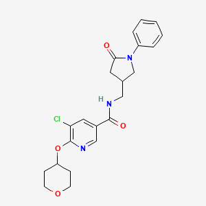 molecular formula C22H24ClN3O4 B2899288 5-chloro-N-((5-oxo-1-phenylpyrrolidin-3-yl)methyl)-6-((tetrahydro-2H-pyran-4-yl)oxy)nicotinamide CAS No. 1904214-88-5