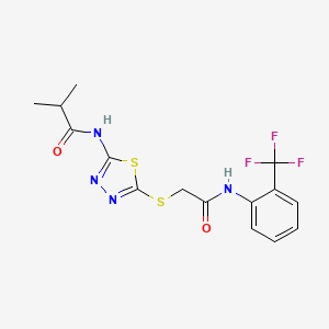 molecular formula C15H15F3N4O2S2 B2899315 2-methyl-N-[5-[2-oxo-2-[2-(trifluoromethyl)anilino]ethyl]sulfanyl-1,3,4-thiadiazol-2-yl]propanamide CAS No. 392296-82-1