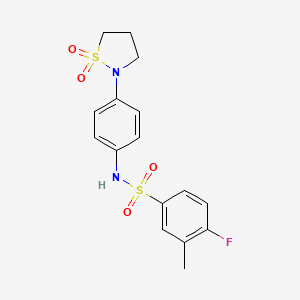 molecular formula C16H17FN2O4S2 B2899344 N-(4-(1,1-dioxidoisothiazolidin-2-yl)phenyl)-4-fluoro-3-methylbenzenesulfonamide CAS No. 946342-52-5