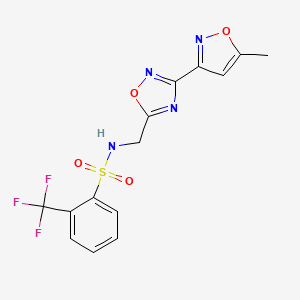 molecular formula C14H11F3N4O4S B2899392 N-((3-(5-methylisoxazol-3-yl)-1,2,4-oxadiazol-5-yl)methyl)-2-(trifluoromethyl)benzenesulfonamide CAS No. 1903286-48-5