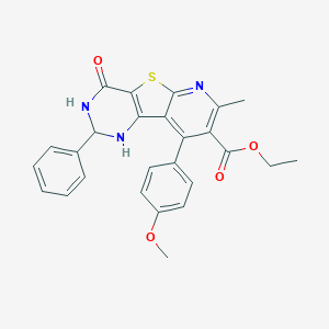 molecular formula C26H23N3O4S B289950 ethyl 13-(4-methoxyphenyl)-11-methyl-6-oxo-4-phenyl-8-thia-3,5,10-triazatricyclo[7.4.0.02,7]trideca-1(13),2(7),9,11-tetraene-12-carboxylate 