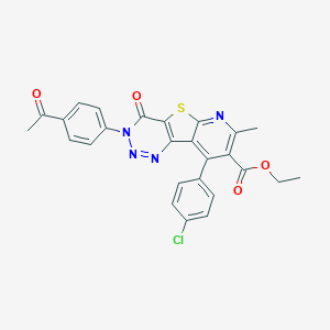 molecular formula C26H19ClN4O4S B289958 ethyl 5-(4-acetylphenyl)-13-(4-chlorophenyl)-11-methyl-6-oxo-8-thia-3,4,5,10-tetrazatricyclo[7.4.0.02,7]trideca-1(13),2(7),3,9,11-pentaene-12-carboxylate 