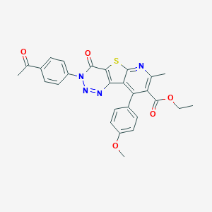 molecular formula C27H22N4O5S B289960 ethyl 5-(4-acetylphenyl)-13-(4-methoxyphenyl)-11-methyl-6-oxo-8-thia-3,4,5,10-tetrazatricyclo[7.4.0.02,7]trideca-1(13),2(7),3,9,11-pentaene-12-carboxylate 