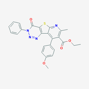 molecular formula C25H20N4O4S B289962 ethyl 13-(4-methoxyphenyl)-11-methyl-6-oxo-5-phenyl-8-thia-3,4,5,10-tetrazatricyclo[7.4.0.02,7]trideca-1(13),2(7),3,9,11-pentaene-12-carboxylate 
