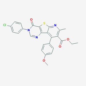 molecular formula C26H20ClN3O4S B289965 ethyl 5-(4-chlorophenyl)-13-(4-methoxyphenyl)-11-methyl-6-oxo-8-thia-3,5,10-triazatricyclo[7.4.0.02,7]trideca-1(13),2(7),3,9,11-pentaene-12-carboxylate 