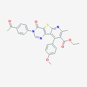molecular formula C28H23N3O5S B289966 ethyl 5-(4-acetylphenyl)-13-(4-methoxyphenyl)-11-methyl-6-oxo-8-thia-3,5,10-triazatricyclo[7.4.0.02,7]trideca-1(13),2(7),3,9,11-pentaene-12-carboxylate 