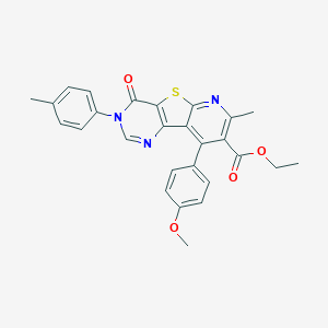 molecular formula C27H23N3O4S B289968 ethyl 13-(4-methoxyphenyl)-11-methyl-5-(4-methylphenyl)-6-oxo-8-thia-3,5,10-triazatricyclo[7.4.0.02,7]trideca-1(13),2(7),3,9,11-pentaene-12-carboxylate 