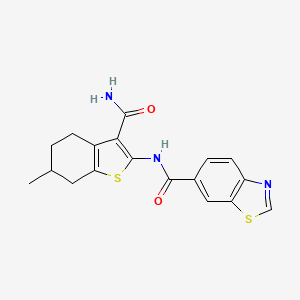 molecular formula C18H17N3O2S2 B2899683 N-(3-carbamoyl-6-methyl-4,5,6,7-tetrahydro-1-benzothiophen-2-yl)-1,3-benzothiazole-6-carboxamide CAS No. 681170-36-5