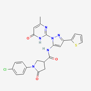 molecular formula C23H19ClN6O3S B2899706 1-(4-Chlorophenyl)-N-(1-(4-methyl-6-oxo-1,6-dihydropyrimidin-2-yl)-3-(thiophen-2-yl)-1H-pyrazol-5-yl)-5-oxopyrrolidine-3-carboxamide CAS No. 1172775-46-0