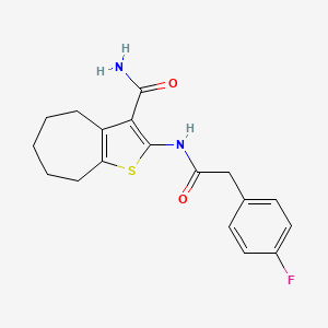 molecular formula C18H19FN2O2S B2899765 2-(2-(4-fluorophenyl)acetamido)-5,6,7,8-tetrahydro-4H-cyclohepta[b]thiophene-3-carboxamide CAS No. 941983-92-2