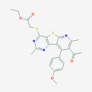 molecular formula C24H23N3O4S2 B289979 ethyl 2-[[12-acetyl-13-(4-methoxyphenyl)-4,11-dimethyl-8-thia-3,5,10-triazatricyclo[7.4.0.02,7]trideca-1(13),2(7),3,5,9,11-hexaen-6-yl]sulfanyl]acetate 