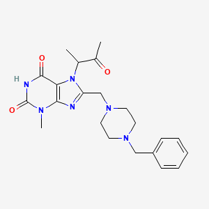 molecular formula C22H28N6O3 B2899791 8-[(4-benzylpiperazin-1-yl)methyl]-3-methyl-7-(3-oxobutan-2-yl)-2,3,6,7-tetrahydro-1H-purine-2,6-dione CAS No. 862979-96-2