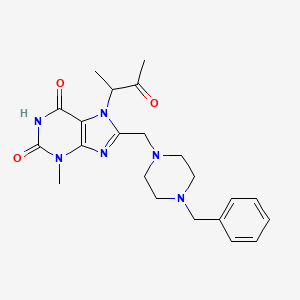 molecular formula C22H28N6O3 B2899791 8-[(4-Benzylpiperazin-1-yl)methyl]-3-methyl-7-(3-oxobutan-2-yl)purine-2,6-dione CAS No. 862979-96-2