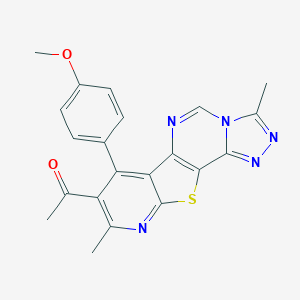 molecular formula C21H17N5O2S B289980 1-[11-(4-methoxyphenyl)-5,13-dimethyl-16-thia-3,4,6,8,14-pentazatetracyclo[7.7.0.02,6.010,15]hexadeca-1(9),2,4,7,10,12,14-heptaen-12-yl]ethanone 