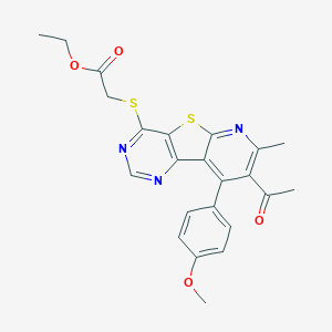molecular formula C23H21N3O4S2 B289982 ethyl 2-[[12-acetyl-13-(4-methoxyphenyl)-11-methyl-8-thia-3,5,10-triazatricyclo[7.4.0.02,7]trideca-1(13),2(7),3,5,9,11-hexaen-6-yl]sulfanyl]acetate 
