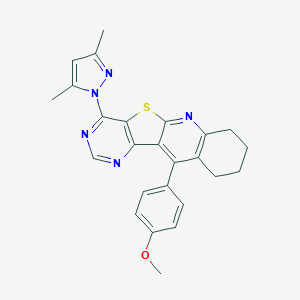 molecular formula C25H23N5OS B289995 15-(3,5-dimethylpyrazol-1-yl)-9-(4-methoxyphenyl)-17-thia-2,12,14-triazatetracyclo[8.7.0.03,8.011,16]heptadeca-1,3(8),9,11(16),12,14-hexaene 