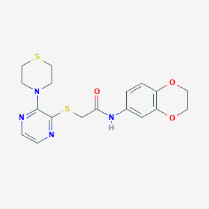 molecular formula C18H20N4O3S2 B2900178 N-(2,3-dihydro-1,4-benzodioxin-6-yl)-2-{[3-(thiomorpholin-4-yl)pyrazin-2-yl]sulfanyl}acetamide CAS No. 1189698-99-4