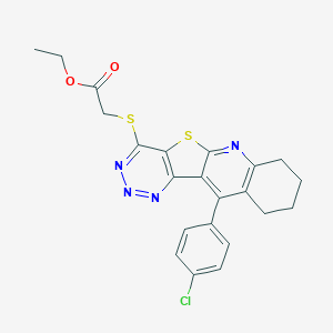 molecular formula C22H19ClN4O2S2 B290018 Ethyl 2-[[9-(4-chlorophenyl)-17-thia-2,12,13,14-tetrazatetracyclo[8.7.0.03,8.011,16]heptadeca-1,3(8),9,11(16),12,14-hexaen-15-yl]sulfanyl]acetate 