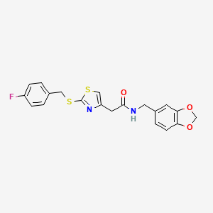 molecular formula C20H17FN2O3S2 B2900225 N-(benzo[d][1,3]dioxol-5-ylmethyl)-2-(2-((4-fluorobenzyl)thio)thiazol-4-yl)acetamide CAS No. 941875-32-7