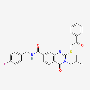 molecular formula C28H26FN3O3S B2900250 N-[(4-fluorophenyl)methyl]-3-(2-methylpropyl)-4-oxo-2-[(2-oxo-2-phenylethyl)sulfanyl]-3,4-dihydroquinazoline-7-carboxamide CAS No. 1113141-98-2