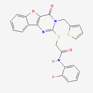molecular formula C23H16FN3O3S2 B2900290 N-(2-fluorophenyl)-2-({6-oxo-5-[(thiophen-2-yl)methyl]-8-oxa-3,5-diazatricyclo[7.4.0.0^{2,7}]trideca-1(9),2(7),3,10,12-pentaen-4-yl}sulfanyl)acetamide CAS No. 899754-63-3
