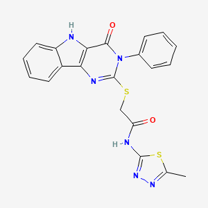 molecular formula C21H16N6O2S2 B2900770 N-(5-methyl-1,3,4-thiadiazol-2-yl)-2-({4-oxo-3-phenyl-3H,4H,5H-pyrimido[5,4-b]indol-2-yl}sulfanyl)acetamide CAS No. 537668-71-6