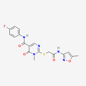 molecular formula C18H16FN5O4S B2900908 N-(4-fluorophenyl)-1-methyl-2-({[(5-methyl-1,2-oxazol-3-yl)carbamoyl]methyl}sulfanyl)-6-oxo-1,6-dihydropyrimidine-5-carboxamide CAS No. 894030-47-8