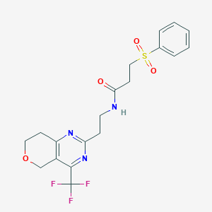 molecular formula C19H20F3N3O4S B2901059 3-(phenylsulfonyl)-N-(2-(4-(trifluoromethyl)-7,8-dihydro-5H-pyrano[4,3-d]pyrimidin-2-yl)ethyl)propanamide CAS No. 2034619-58-2