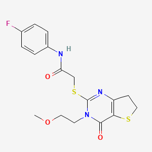 molecular formula C17H18FN3O3S2 B2901124 N-(4-fluorophenyl)-2-{[3-(2-methoxyethyl)-4-oxo-3H,4H,6H,7H-thieno[3,2-d]pyrimidin-2-yl]sulfanyl}acetamide CAS No. 893372-15-1