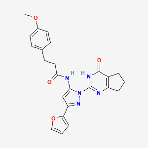 molecular formula C24H23N5O4 B2901264 N-(3-(furan-2-yl)-1-(4-oxo-4,5,6,7-tetrahydro-3H-cyclopenta[d]pyrimidin-2-yl)-1H-pyrazol-5-yl)-3-(4-methoxyphenyl)propanamide CAS No. 1207042-90-7